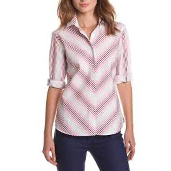 Foxcroft Women's Wrinkle Free Pink Striped Button Down Shirt Size 10 - Picture 1 of 5